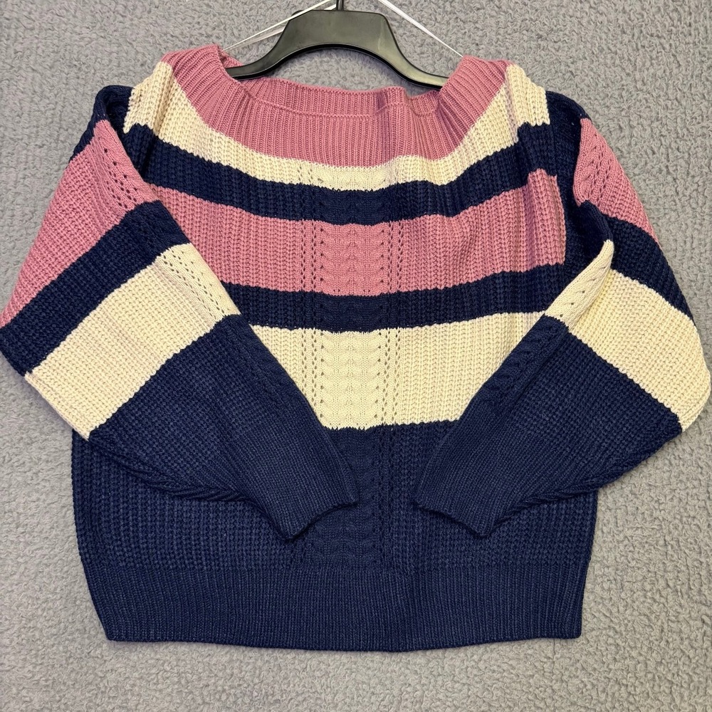 ee:some Women's M/L Striped Knit Sweater Navy Blue Cream Pink Boat Neck Pullover